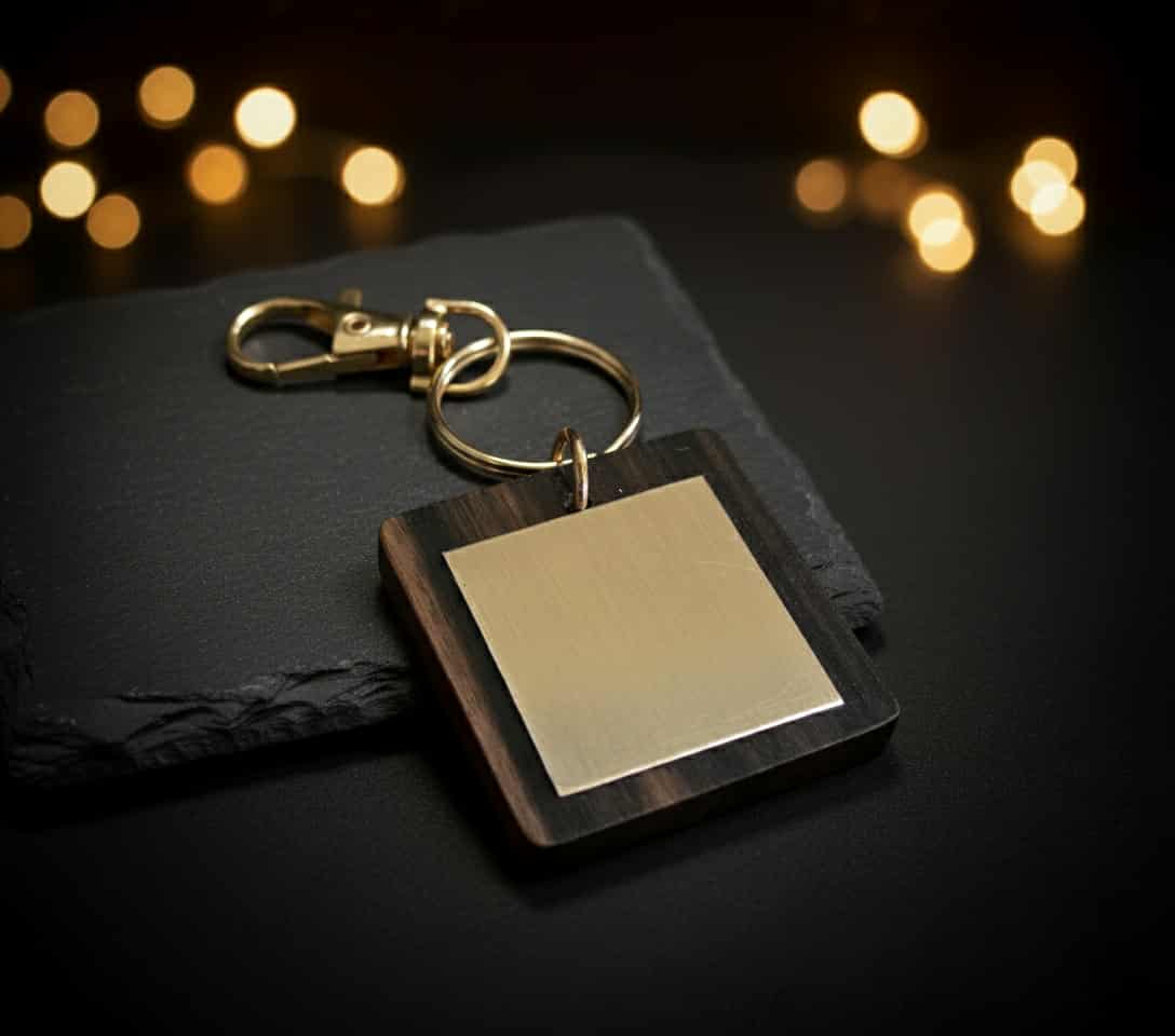 Porte-clés carré bois ébène de macasar plaque bronze, option NFC Trésor Caché