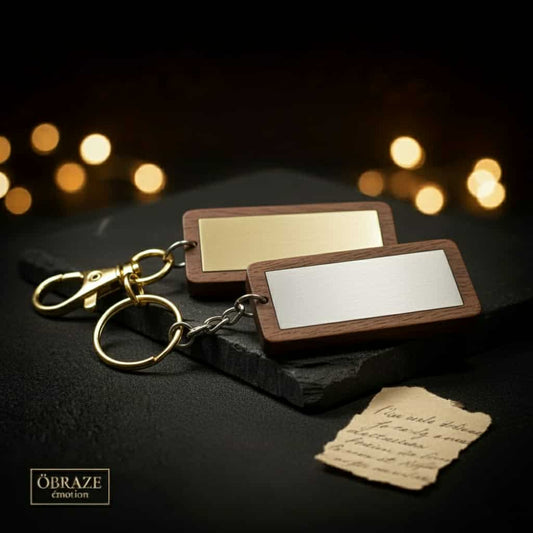 Porte-clé rectangulaire bois et aluminium personnalisé, artisanal Québec
